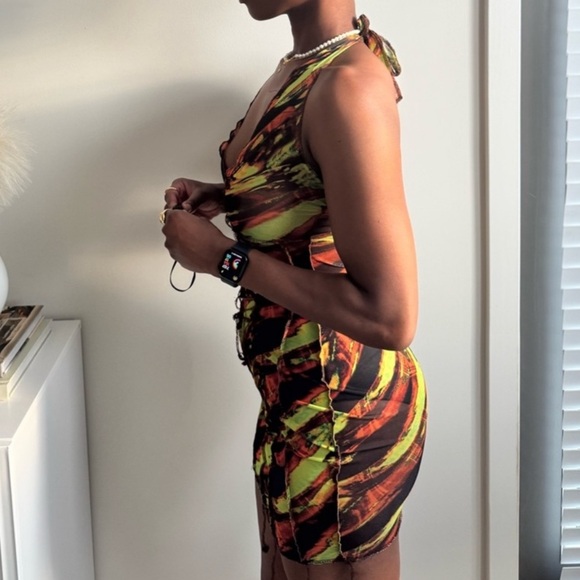 PrettyLittleThing Brown Orange Neon Green Mini Mesh Swim Cover Up Halter Dress - Picture 8 of 8
